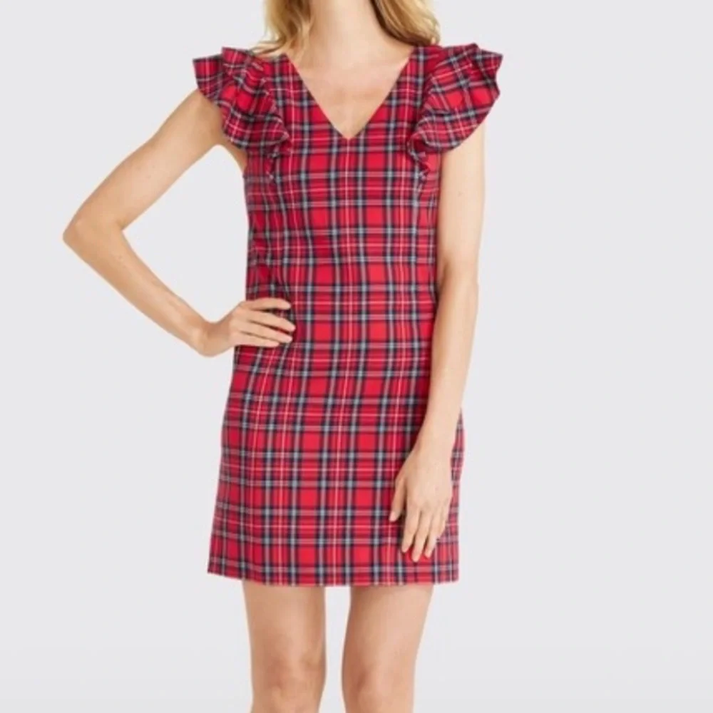Draper James red plaid ruffle shoulder shift dress 4 - Picture 2 of 5